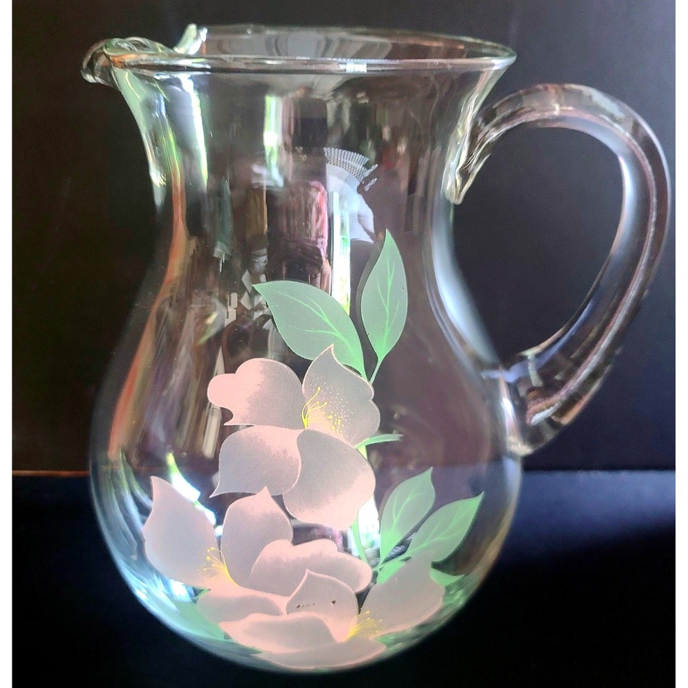 Vintage Crystal Clear Industries Frosted Pink Floral Clear Glass Pitcher Turkey